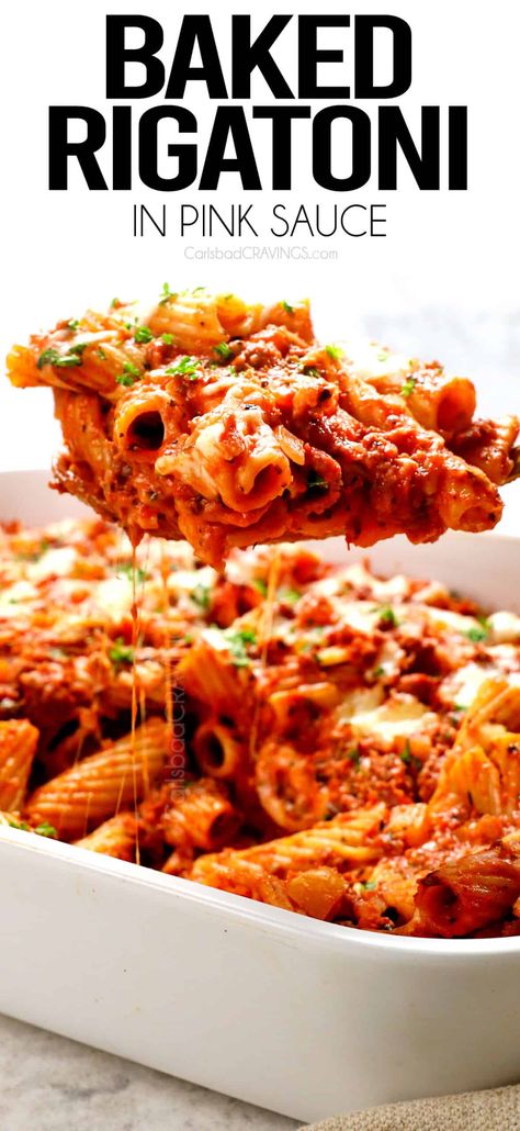 Baked Rigatoni Rigatoni And Sausage, Baked Rigatoni Recipe, Italian Pasta Bake, Rigatoni Recipe, Rigatoni Recipes, Baked Rigatoni, Pink Sauce, Carlsbad Cravings, Hot Italian Sausage