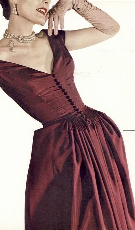 50s Evening Gown, Red Dp, 1940s Evening Dresses, Nettie Rosenstein, Birthday Glam, Red Silk Dress, Making Clothing, Taffeta Dress, 1940s Dresses