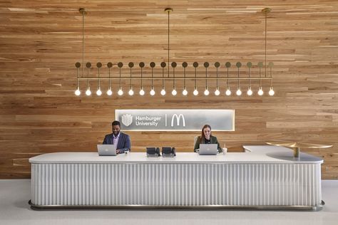 McDonald’s HQ - Picture gallery Meeting Room Design, Reception Desk Design, Interior Architects, Lobby Reception, Reception Counter, Office Reception, Counter Design, Lobby Design, Reception Design