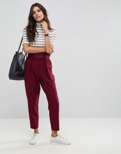 ASOS Tailored Paperbag Waist Pants with Self Belt #burgundy #casual Pallazo Pants Pattern, Burgundy Pants Outfit, Maroon Pants Outfit, Colored Pants Outfits, Wine Pants, Burgundy Trousers, Maroon Pants, Burgundy Pants, Classic Style Outfits