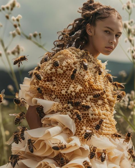 Queen Bee 🐝 : an eco-friendly clothing concept that turns your dress into a home for bees Still thinking about Spring/Ostara for this one for #landofblursed @blursed_montage and #chxrchchallenges @the_clone_supper #midjourneyfashion #aifashion #midjourneyconcept #midjourneycommunity #midjourneyv6 #midjourneyblend #midjourneysref #midjourneyai #fashionconcept #ecofriendly #bees #ecofriendlyfashion #aifashiondesign #midjourneyfashiondesign #midjourneyfashion Bee Custome, Food Inspired Outfits, Insect Clothes, Bee Outfit, Bee Keeping Outfit, Bee Fashion, Bee Fashion Design, Queen Bee Costume Diy, Bee Fairy