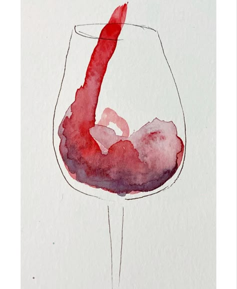 Red Wine Watercolor, Glass Of Wine Watercolor, Watercolour Beginner Ideas, Red Wine Painting, Funky Watercolor Art, Easy Watercolour Ideas, Wine Glasses Drawing, Watercolor Paintings Aesthetic, Watercolor Art For Beginners Step By Step