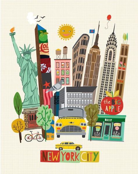 New York Drawing, New York Illustration, New York Theme, New York Graffiti, New York City Map, New York Poster, Map Of New York, City Illustration, Travel Illustration