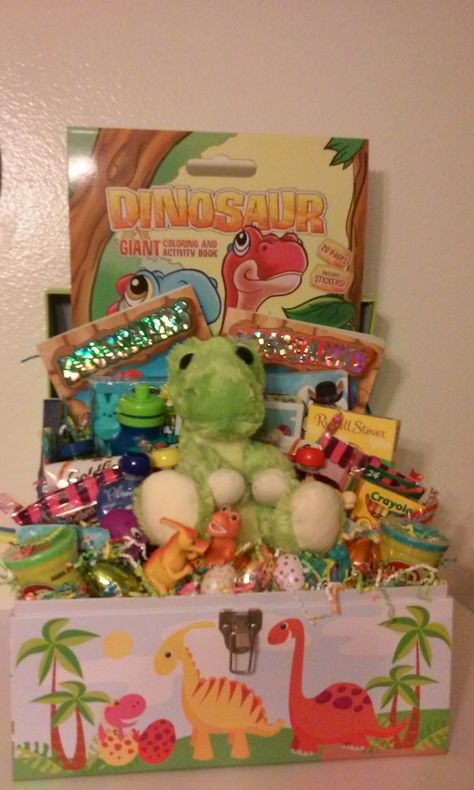 Dinosaur Easter Basket (Large) Dinosaur Easter Basket, Creative Gift Baskets, Baby Easter Basket, Raffle Basket, Kids Gift Baskets, Easter Baskets For Toddlers, Easter Basket Ideas, Birthday Basket, Kids Easter Basket