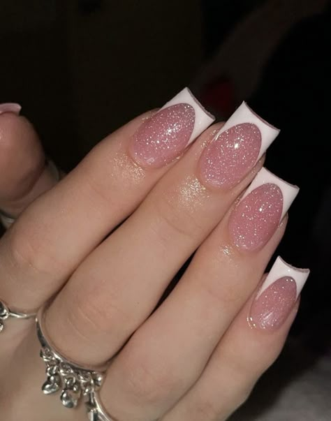 Short Nails Ideas Pink Glitter, French Tip Nails With Glitter Base, Party Pink Nails, Sparkle Base French Tip, Cat Eye Short Square Nails, French Tip With Shimmer, Sparkly Pink Nails Acrylics, Sweet 16 Nail Ideas Pink, Old French Tip Nails