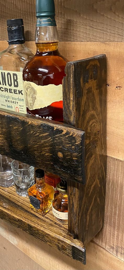 Barrel Shelves, Bar Shelf Ideas, Shot Glass Display, Whiskey Rack, Barrel Cabinet, Whiskey Barrel Bar, Bourbon Room, Bourbon Glasses, Man Cave Furniture