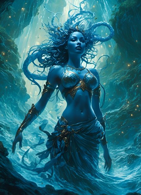 Amphitrite Tattoo, Ocean Goddess Art, Water Nymph Art, Water Priestess, Water Mage, Water Queen, Elven Kingdom, Water Elemental, Greek Monsters