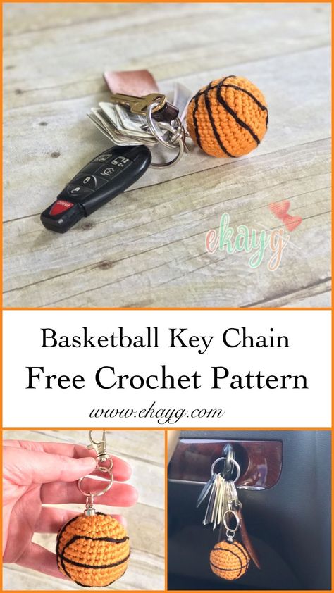 With this free crochet pattern, you can make the perfect basketball keychain for the basketball fan in your life! Crochet Sports Patterns Free, Crochet Ball Keychain, Sport Crochet Patterns, Sports Crochet Patterns, Crochet Basketball Keychain, Basketball Crochet Pattern, Free Crochet Key Chains Patterns, Crochet Free Pattern Keychain, Crochet Basketball Pattern Free