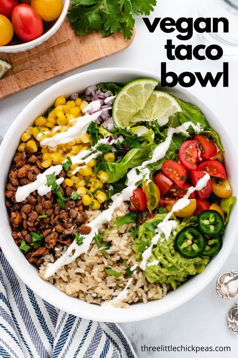 The vegan taco bowls are loaded with walnut lentil taco meat, cilantro lime brown rice, your favorite toppings, and cashew lime crema to make these delicious nourishing bowls. They’re even oil-free, plant-based, and gluten-free. Vegan Taco Bowl, Rice Bowls Vegetarian, Lentil Taco Meat, Lime Brown Rice, Cilantro Lime Brown Rice, Vegan Tacos Recipes, Vegan Taco Salad, Taco Bowl Recipe, Taco Salad Bowls