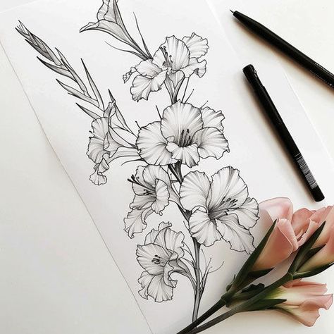 Fantastical Gladiolus Tattoo Outlines Poppy Half Sleeve Tattoo, Daffodil Drawing Tattoo Ideas, Realistic Floral Tattoo, Gladiolus Tattoo Design, Gladiolus Flower Drawing, Gladiolas Tattoo, Dog Remembrance Tattoo, Gladiolus Flower Tattoo, Team Tattoo