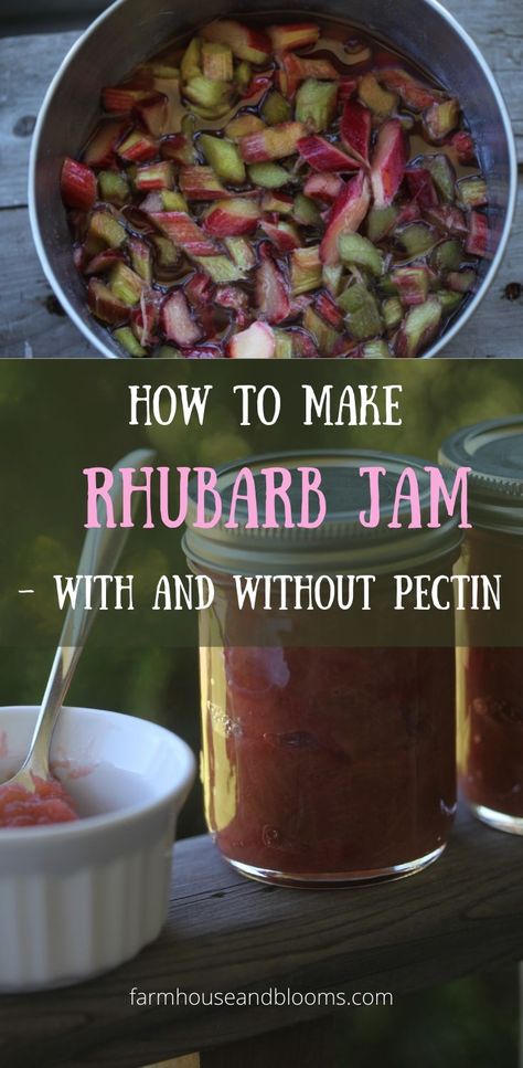 two pictures, one of rhubarb chopped and in a pot, the other of rhubarb jam in a mason jar and bowl Rhubarb Ideas, Strawberry Rhubarb Jam Recipe, Rhubarb Freezer Jam, Recipes Rhubarb, Strawberry Rhubarb Recipes, Rhubarb Jelly, Rhubarb Rhubarb, Pectin Recipes, Rhubarb Coffee Cakes