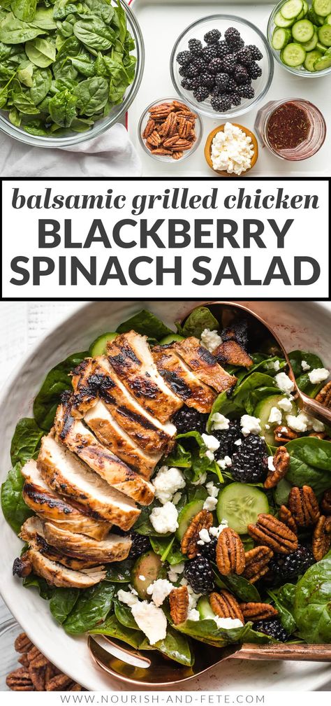 A delicious summer salad loaded with crisp cucumber, juicy blackberries, crunchy pecans, and the best balsamic chicken you’ve ever had. An easy blackberry vinaigrette takes it over the top. Fresh, filling, and healthy! Blackberry Vinaigrette, Blackberry Salad, Simple Spinach Salad, Pecan Chicken, Healthy Chicken Salad, Summer Produce, Balsamic Chicken, Healthy Summer Recipes, Grilled Chicken Salad