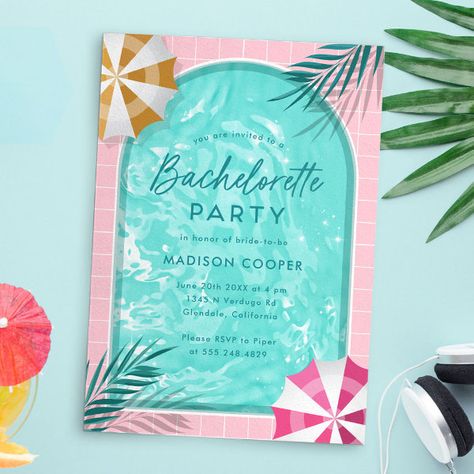 Palm Springs Bachelorette Pool Party Pink Invitation Party By The Pool, Pink Patio, Bachelorette Pool, Bachelorette Pool Party, Palm Springs Bachelorette, Pink Invitation, Pool Party Invitations, Bachelorette Invitations, Weekend Party