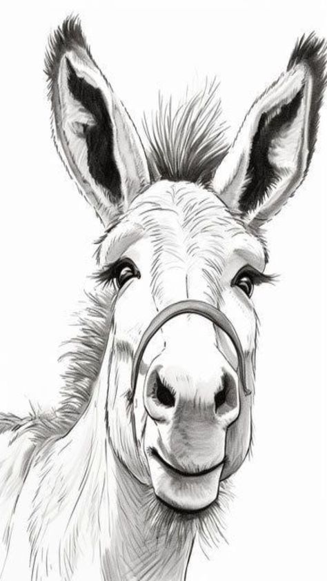 Drawings Of Donkeys, Donkey Coloring Page Free Printable, Detailed Animal Drawings, Simple Donkey Drawing, Donkey Sketch, Cute Donkey Drawing Art, Donkey Paintings, Classical Art Paintings, Donkey Drawing