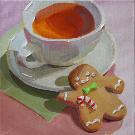 In Winter I love painting cookies, especially Gingerbread cookies! They're so cute! 🥰 . 12 x 12 inches. Oil on linen canvas. #art #painting #oilpainting #holiday #cookie #tea Painting Cookies, Candy Cane Gingerbread, Eyeball Art, Holiday Canvas, Christmas Props, Dog Christmas Card, Oil Pastel Art, Christmas Tree Painting, Holiday Painting