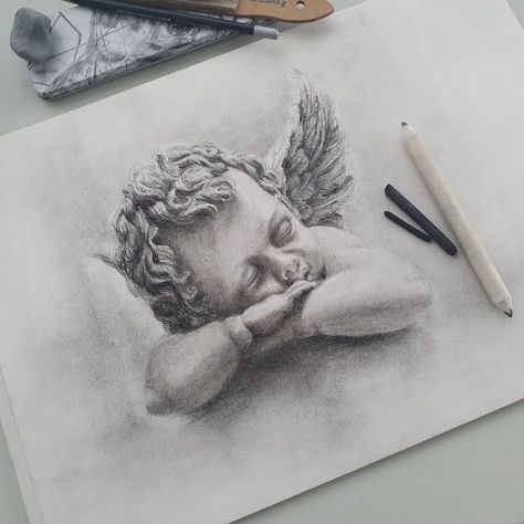 Cherub Drawing, Luca Tattoo, Cherub Tattoo, I Love Drawing, Angel Drawing, Love Drawing, Ink Ideas, Aesthetic Painting, Charcoal Drawing