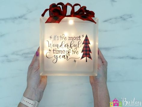 DIY Lighted Christmas Glass Block - Burton Avenue Glass Block Christmas Crafts, Glass Block Decor, Glass Blocks Christmas, Christmas Glass Etching Ideas, Diy Glass Blocks With Lights, Glass Cube Christmas Ideas, Glass Blocks Ideas, Glass Block Christmas Ideas, Glass Cubes With Lights