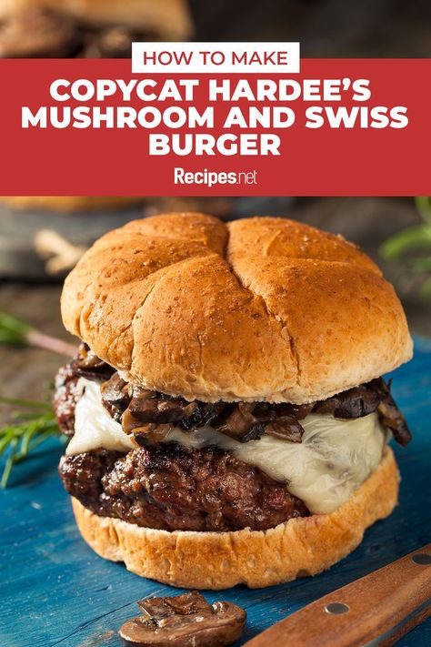 55 mins. · Serves 4 · This Copycat Hardee's Mushroom and Swiss Burger recipe is easy and simple, you will have a cheeseburger that is appetizing and filling in no time! Serve it for dinner tonight with the help of this grilling recipe. #Recipes #Food #Crave #Tasty #Yummy #Delicious #FoodTrip #FoodLover #Recipes.net #foodporn #Cook #Cooking #Foodie #foodblog #homemade #grillingrecipes #dinnerideas Mushroom And Swiss Burger, Hardees Biscuit Recipe, Mushroom And Swiss, Swiss Burger, Mushroom Swiss Burger, Famous Recipe, Burger Recipe, Copycat Recipe, Filling Recipes