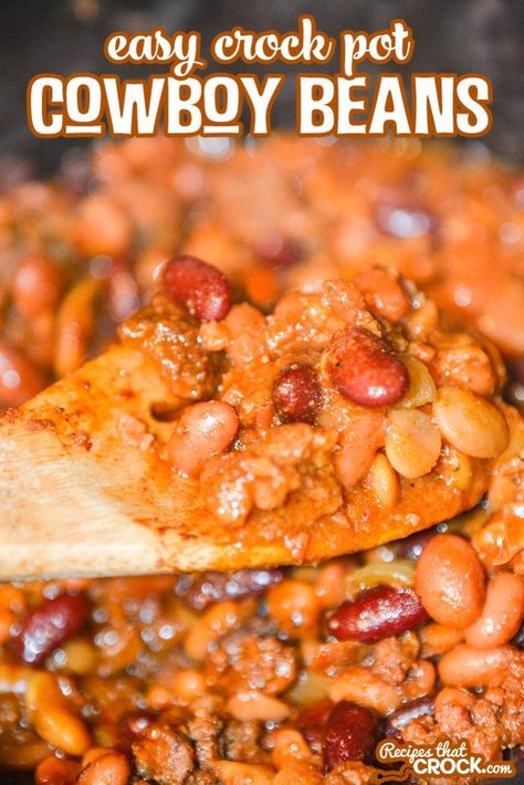 These Easy Crock Pot Cowboy Beans are fantastic as a flavorful side dish and perfect as a hearty bowl all on their own. Pot Luck Meals, Cowboy Beans Recipe, Hamburger Side Dishes, Cowboy Recipes, Beans Recipe Crockpot, Ground Beef Lunch, Hearty Salad Recipes, Ground Beef Breakfast, Beans In Crockpot