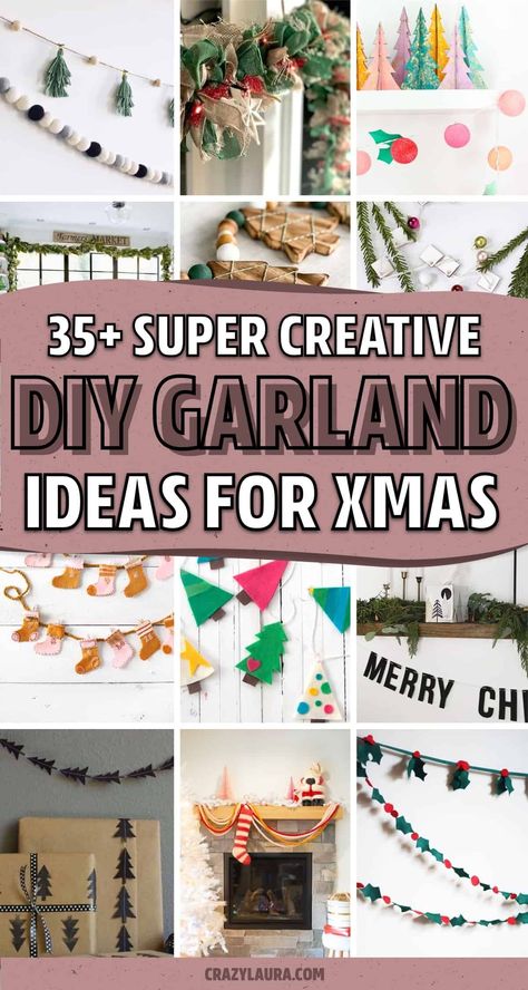 If you’re looking for creative ways to make your own holiday decorations this year, check out these DIY Christmas garland ideas and crafts for inspiration to get started! Christmas Light Garland Diy, Alternative Garland Ideas, Garland Crafts Christmas, Homemade Christmas Garland Ideas Diy, Xmas Bunting Ideas, Easy Paper Garland Diy, Wrapping Paper Garland, Christmas Craft Garland, Diy Garlands Christmas