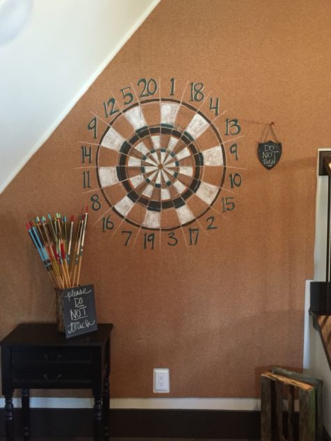 Corked wall with hand-painted dart board pattern painted on- brilliant! Dart Board Wall, Dart Boards, Cork Wall, Dart Board, Wall Ideas, Cork Board, Painting Patterns, Dart, Fun Games