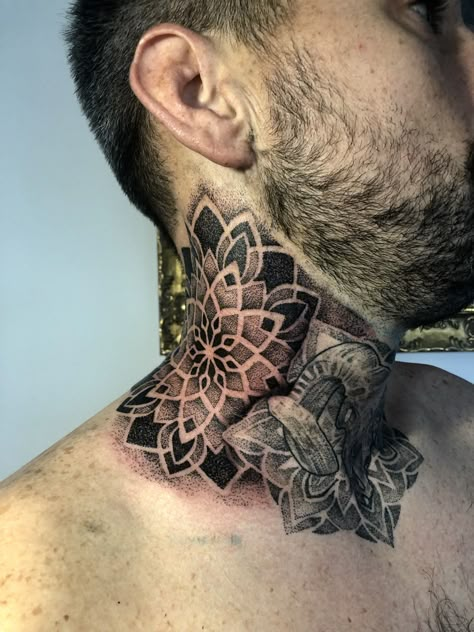 Mandala Side Neck Tattoo, Throat Sleeve Tattoo, Neck Tattoo Pattern, Mandala Neck Tattoo Men, Flower Of Life Tattoo, Side Neck Tattoo, Throat Tattoo, Neck Tattoo For Guys, Cool Tattoos For Guys