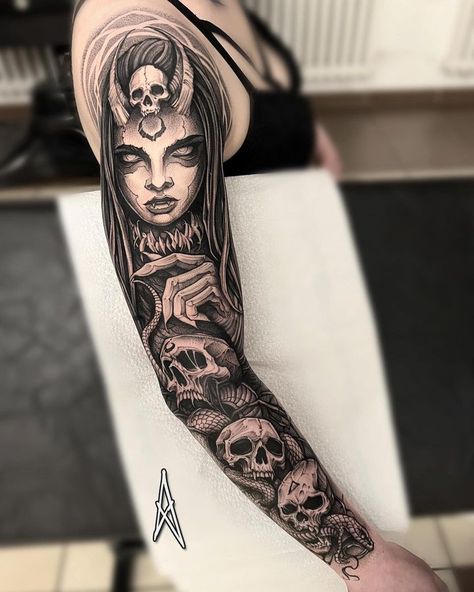 Lilith Sleeve Tattoo, Dark Tatoos Ideas, Full Arm Tattoo Men, Realism Sleeve, Phoenix Tattoo For Men, Pentagram Tattoo, Satanic Tattoos, Left Arm Tattoos, Tattoo Dark