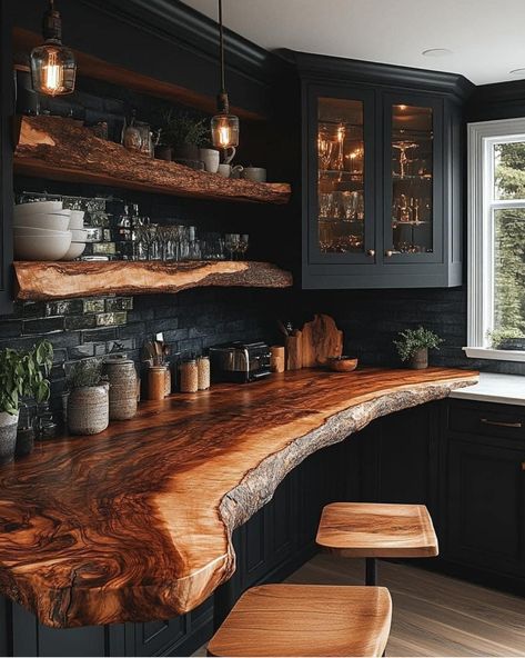 Cabin Style Kitchen, Live Edge Countertop, Moody Kitchen, Diy Home Garden, Wood Countertops Kitchen, Industrial Kitchen Design, Rustic Kitchen Island, Earthy Home, Wall Art Ideas