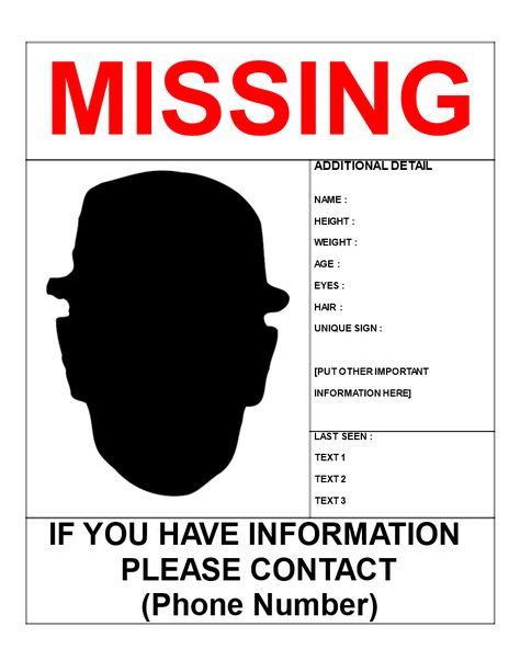 Missing Person Template Letter Size - Download this Missing Person poster template if you are looking for a missing person and need help from other people in your search to find him/her. Good luck! Missing Person Poster Template, Missing Person Poster, Spy Activities, Person Template, Halloween Luminaries, Brochure Examples, Make Business Cards, Missing Person, Marketing Brochure