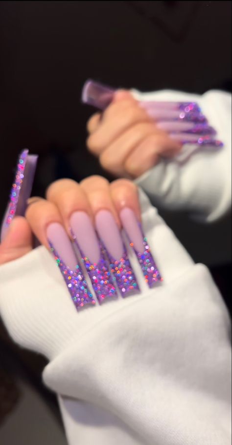 Glitter Tip Nails, Purple Acrylic Nails, Long Acrylic Nail Designs, Purple Nail Designs, Long Nail Designs, Coffin Shape, Dope Nail Designs, Long Acrylic Nails Coffin, Long Square Acrylic Nails