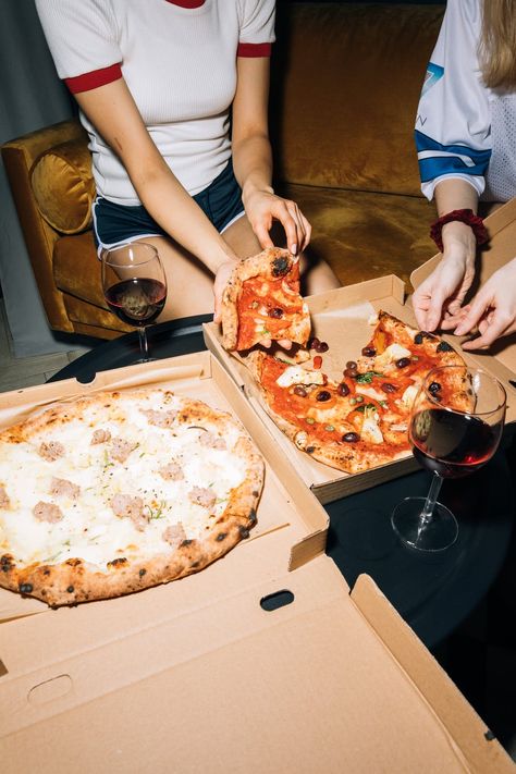 Two Person Getting a Slice of Pizza · Free Stock Photo Glam Party Aesthetic, Hollywood Glam Party, Building Branding, Snake House, Book Branding, Pizza Salami, Pizza And Wine, Cinema Party, Wine And Pizza