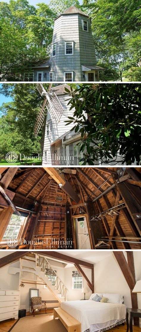 How great would it be to live in a windmill house? This one-of-a-kind home in the Hamptons was once a working windmill built in the 1880s. Surrounded by forest and orchards, this home offers plenty of privacy...and history!  Marilyn Monroe reportedly spent time there when she was married to playwright Arthur Miller. Windmill Interior, Unique Houses Exterior, Interesting Homes, Windmill House, Arthur Miller, Dutch Windmill, Dutch Windmills, Unique Houses, Farm Style