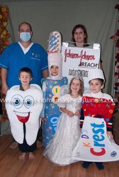 Homemade Dental Hygiene Family Costume: This is my family in a Homemade Dental Hygiene Family Costume. I made this electric toothbrush from stuff I have at home. I used an old bed comforter that Dentist Costume, Tooth Costume, Tooth Fairy Costumes, Teeth Hygiene, Themed Halloween Costumes, Dental Fun, Dental Life, Fairy Stuff, Pediatric Dentist