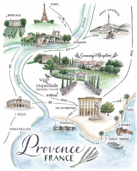 Wedding Map Illustration, Map Projects, Wedding Branding, Paris Map, Wedding Map, Bride Inspiration, Watercolor Map, France Map, Provence France