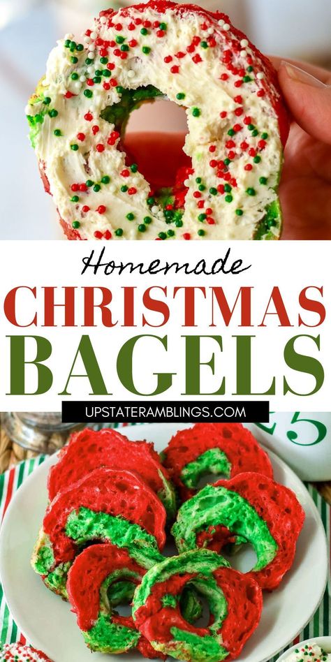 Homemade Christmas Bagels Fun Christmas Breakfast For Kids, Christmas Bagels, Air Fryer Christmas, Types Of Bagels, Apple French Toast Casserole, Bagel Toppings, Green Breakfast, Homemade Bagels, Holiday Snacks