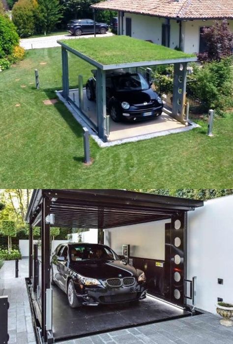 Garage Guest Room, Lift Car Design, Car Garage Ideas, Luxurious Garage, Home Car Lift, Underground House Plans, Car Elevator, Construction Garage, Guest Room Ideas