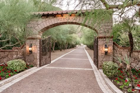 Stone Gate Entrance, Mediterranean Entrance, Ranch Entrance Ideas, Entrance Gates Driveway, Pecan Orchard, Yard Entrance, Driveway Entrance Landscaping, Main Gates, Colorful Tiles