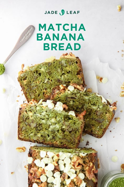 We just made quarantine’s favorite bake exciting again, we can't believe we have been in quarantine for a year now! Matcha banana bread combines the flavors of banana and matcha in a delicious loaf that’s loaded with white chocolate and walnuts. Show off your baking skills by tagging @jadeleafmatcha on Instagram! Banana Matcha Muffins, Baking With Matcha, Matcha Loaf Cake, Matcha Bread Recipes, Healthy Unique Recipes, Matcha Recipes Baking, Matcha Baked Goods, Matcha Baking Recipes, Matcha Loaf