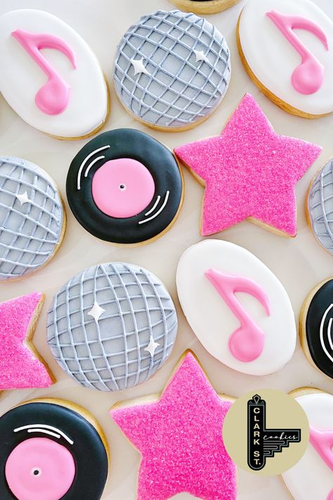 Dance Party Cookies Decorated, Dancing Queen Cookies Decorated, Pink Disco Ball Cookies, Karaoke Cookies Decorated, Disco Theme Desserts, Music Themed Cookies Decorated, Disco Rodeo Cookies, Disco Party Treats, Disco Party Cupcakes