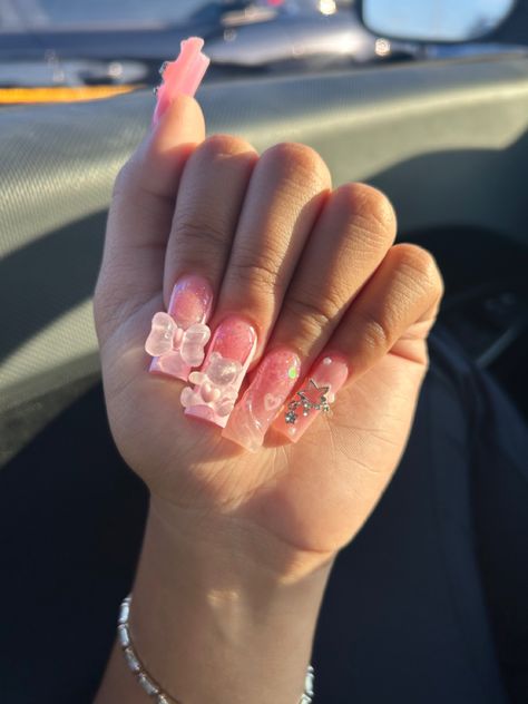 Pink Gummy Bear Nails, Teddy Bear Charm Nails, Nails With Teddy Bear Charms, Gummy Bear Nails, Nails With Gummy Bear Charms, Long Square Acrylic Nails Gummy Bear, Pink Nails With Bear Charm, Teddy Bear Nail Charm, Bears Nails