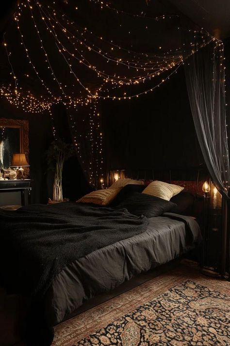 Soft Goth Bedroom Aesthetic, Master Bedrooms Decor Cozy Romantic Dark, Cozy Black Bedroom, Canopy Bed Black, Bedroom Ideas Moody, Dark Romantic Bedroom, Dark Boho Bedroom, Dark Cozy Bedroom, Boho Bedroom Design