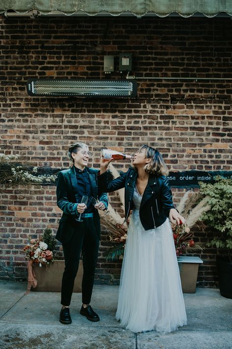 Lesbian Wedding All Black Suit, Industrial Wedding Photoshoot, Lgbtq Wedding Decor, Queer Wedding Photography, Queer Wedding Photos, Industrial Wedding Photos, Brooklyn Elopement, Lgbtq Elopement, Wedding Gathering