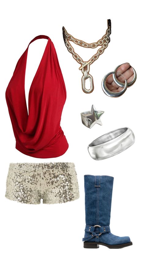 July 4 | USA | Red | White | Blue | Fry Boots | sparkly | halter top | outfit inspo Red Halter Top Outfit, Sparkly Top Outfit, Fry Boots, Halter Top Outfit, Sparkly Halter Top, Halter Tops Outfit, Red Halter Top, Sparkly Top, Top Outfit