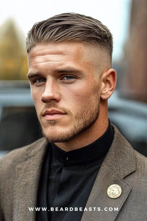 A man sporting a comb over fade haircut, with neatly styled hair swept to the side and a clean fade on the sides. This look, paired with light stubble and formal attire, showcases one of the trendy haircuts for men, combining sophistication and modern style. Textured Middle Part, Formal Hairstyles For Men, Light Stubble, Clean Cut Haircut, Stylish Haircuts For Men, Men's Short Hairstyles, Comb Over Fade Haircut, Trendy Haircuts For Men, Comb Over Fade