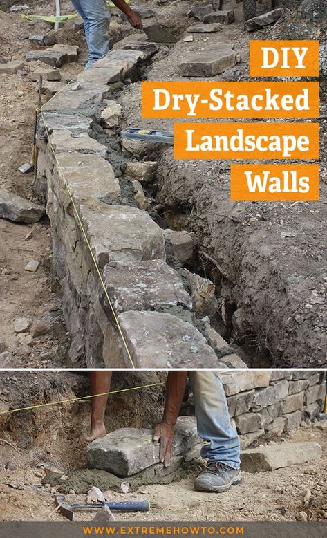 Diy Stone Wall, Natural Stone Retaining Wall, Building A Stone Wall, Diy Retaining Wall, Landscape Border, Freestanding Wall, Rock Retaining Wall, Stone Walls Garden, Dry Stack Stone