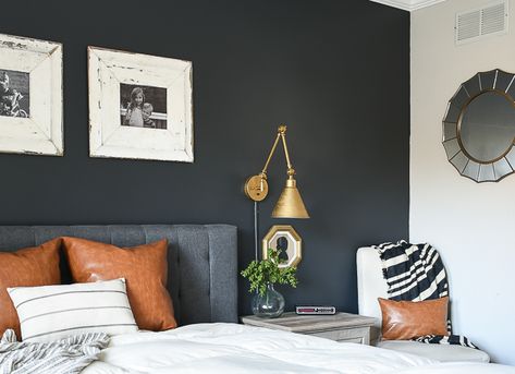 Little house of Four dark gray bedroom makeiver with gray painted accent wall Moody Modern Farmhouse, Gray Accent Wall Bedroom, Dark Gray Bedroom, Best Bedroom Paint Colors, Moody Modern, Kids Bedroom Remodel, Gray Painted Walls, Grey Accent Wall, Small Bedroom Remodel