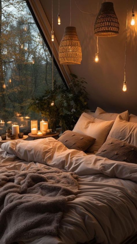 A dreamy cozy bedroom aesthetic featuring a comfortable bed, soothing wall colors, and warm lighting Soft Room Ideas, Soft Lighting Bedroom, Cosy Rooms, Soft Room, Scandi Bedroom, Bedroom Beautiful, Bed Interior, Cosy Room, Soft Life