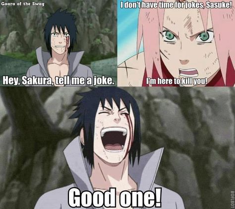 Sakura tell Sasuke a joke! :D by Deidara-The-Akatsuki Naruto Gifs, Naruto Meme, Funny Naruto, Sasuke Vs, Laughing Funny, Funny Naruto Memes, Manga Naruto, Sasuke Sakura, Naruto Sasuke Sakura