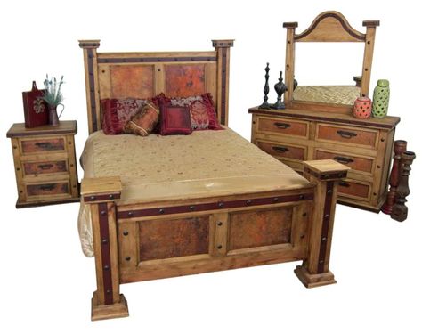 rustic bedroom furniture sets Rustic King Bedroom Set, Rustic Bedroom Furniture Sets, Rustic Bedroom Sets, Copper Bed, Copper Bedroom, Rustic Bedroom Furniture, Wood Bedroom Furniture, King Bedroom Sets, King Bedroom