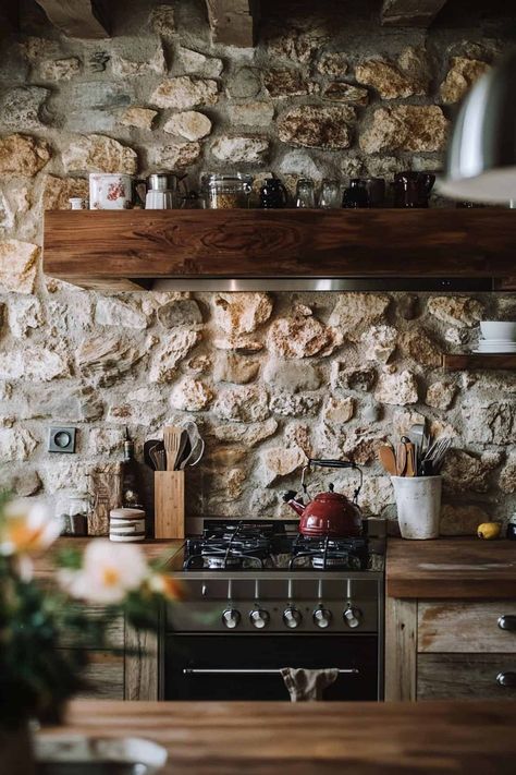 52 Farmhouse Kitchen Backsplash Ideas for Your Dream Kitchen! Cobblestone Kitchen Backsplash, Stone Wall Kitchen Backsplash, Kitchens With Stone Backsplash, Cobblestone Backsplash, Faux Stone Backsplash Kitchen, Farmhouse Backsplashes, Stone Backsplash Kitchen Rustic, Kitchen With Stone Backsplash, Rustic Farmhouse Kitchen Backsplash